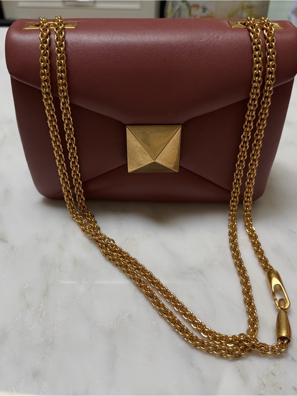 Valentino Garavani Burgundy Leather Shoulder Bag with Gold Chain